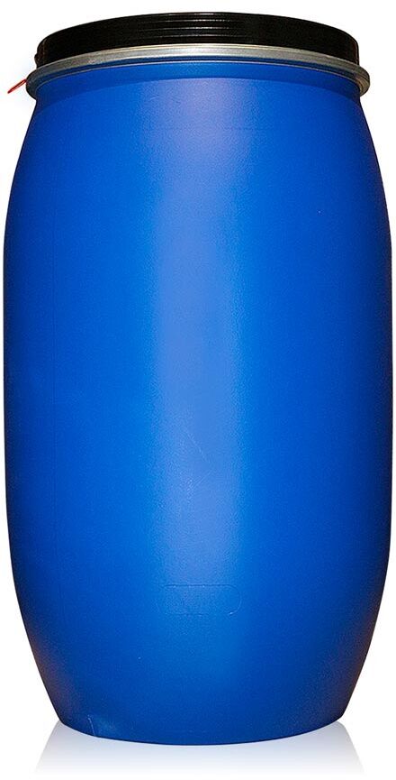 Bidón de plástico azul con tapa negra, ballesta y homologación UN, 220  litros